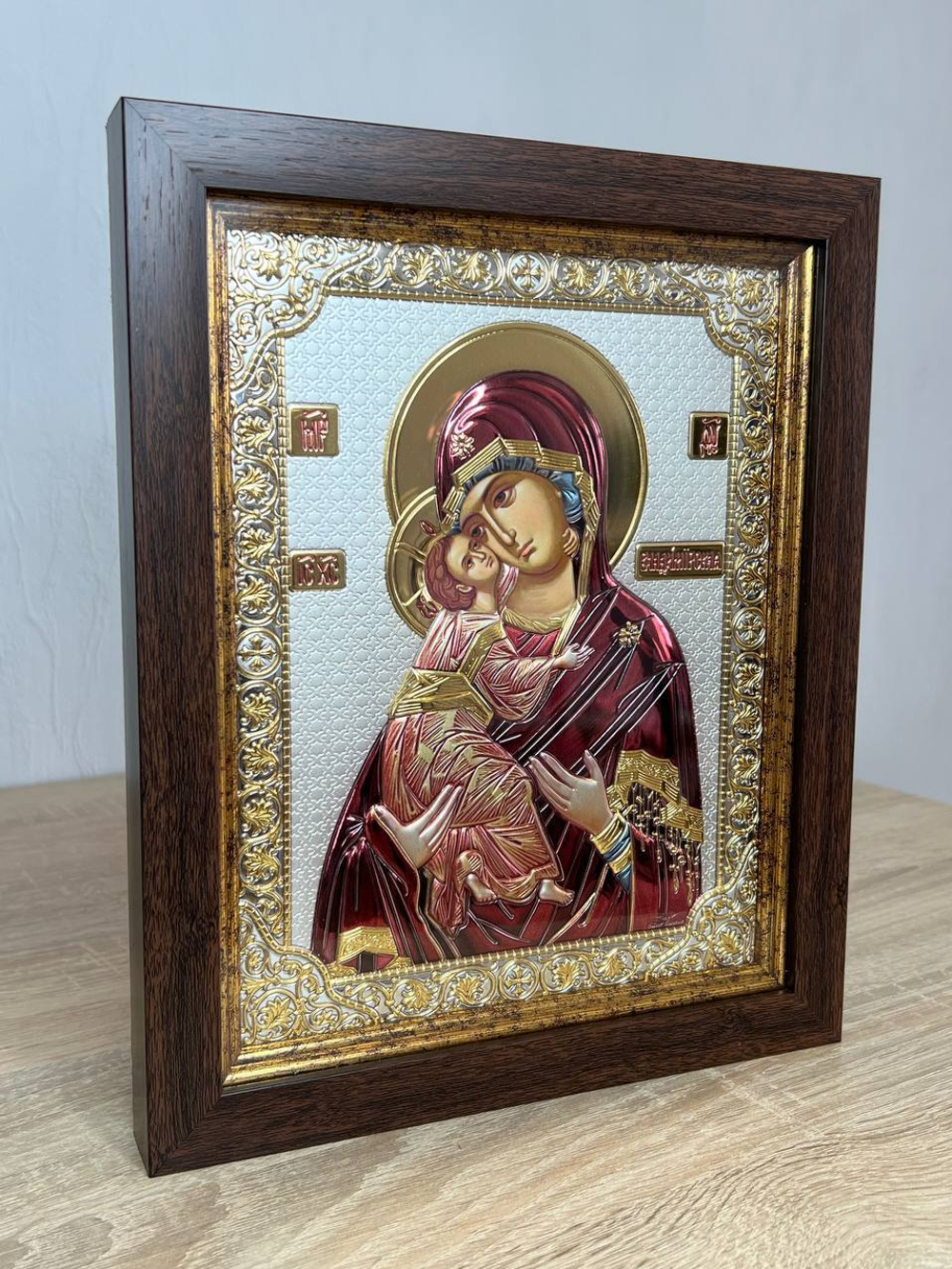 Владимирская БМ, икона прямоугольная в рамке под стеклом, красное дерево, эмаль 232х280