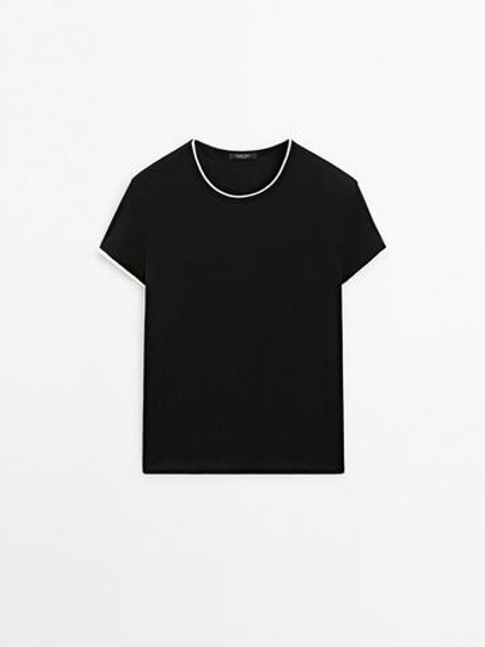 Massimo Dutti Футболка из тонкой ткани с контрастными деталями, черный