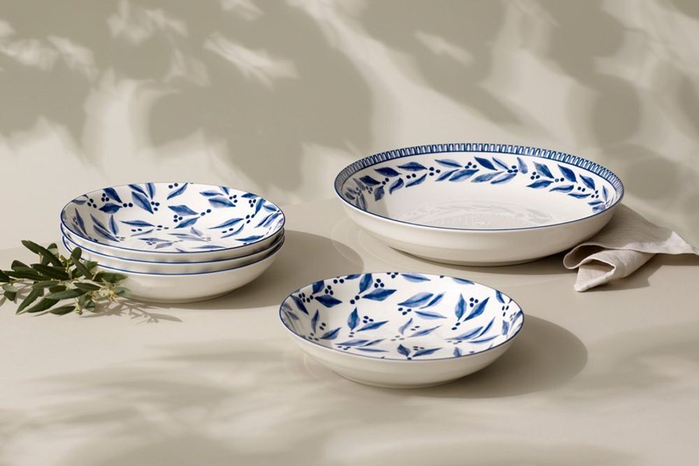 Набор фарфоровой посуды для пасты на 4 персоны Оливковая ветвь CD494-LF0037, 5 предметов, белый/синий