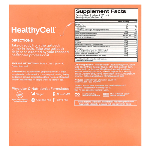 HealthyCell, Focus & Recall, персиковый ананас, 30 гелевых пакетиков по 25 мл (0,84 жидк. Унции)