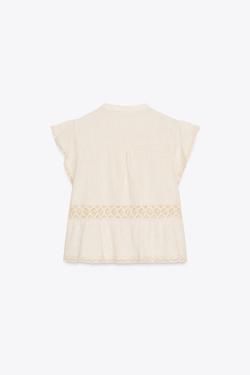 ZARA ТОП В СТИЛЕ РУСТИК С КРУЖЕВОМ КРОШЕ, СВЕТЛО-БЕЖЕВЫЙ