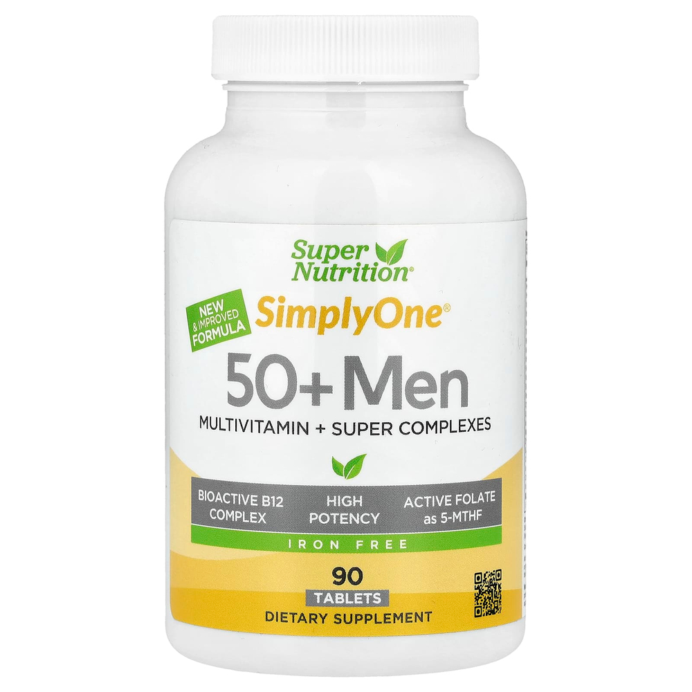 Super Nutrition, Simply One, мультивитамины и суперкомплексы для мужчин старше 50 лет, с зеленью, специями и антиоксидантами, без железа, 90 таблеток