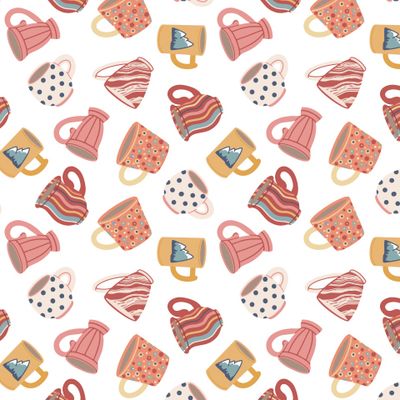 Чашки и кружки на белом фоне.