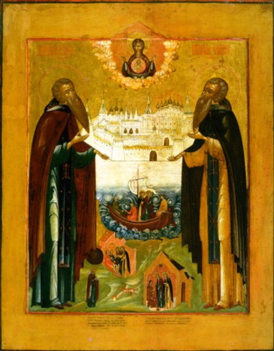 Зосима и Савватий Соловецкие святые преподобные. Деревянная икона на левкасе