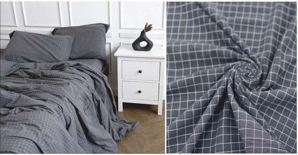КПБ 2 сп с простыней на рез. 140х200 ВАРЕНЫЙ ХЛОПОК "Клетка графит"