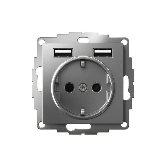 Розетка 1-м СП AtlasDesign 16А IP20 с 2-мя заряд. устройствами USB тип A+A 5В/2.4А 2х5В/1.2А механизм сталь SE ATN000930