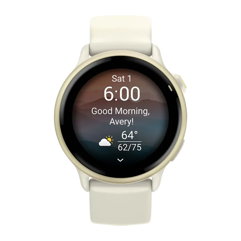 Фитнес-трекер Garmin vivoactive 6, силиконовый ремешок цвета кости Безель цвета «лунное золото», AMOLED-дисплей с Gorilla Glass 3. Ремешок с классической застёжкой — на запястье обхватом 125–190 мм