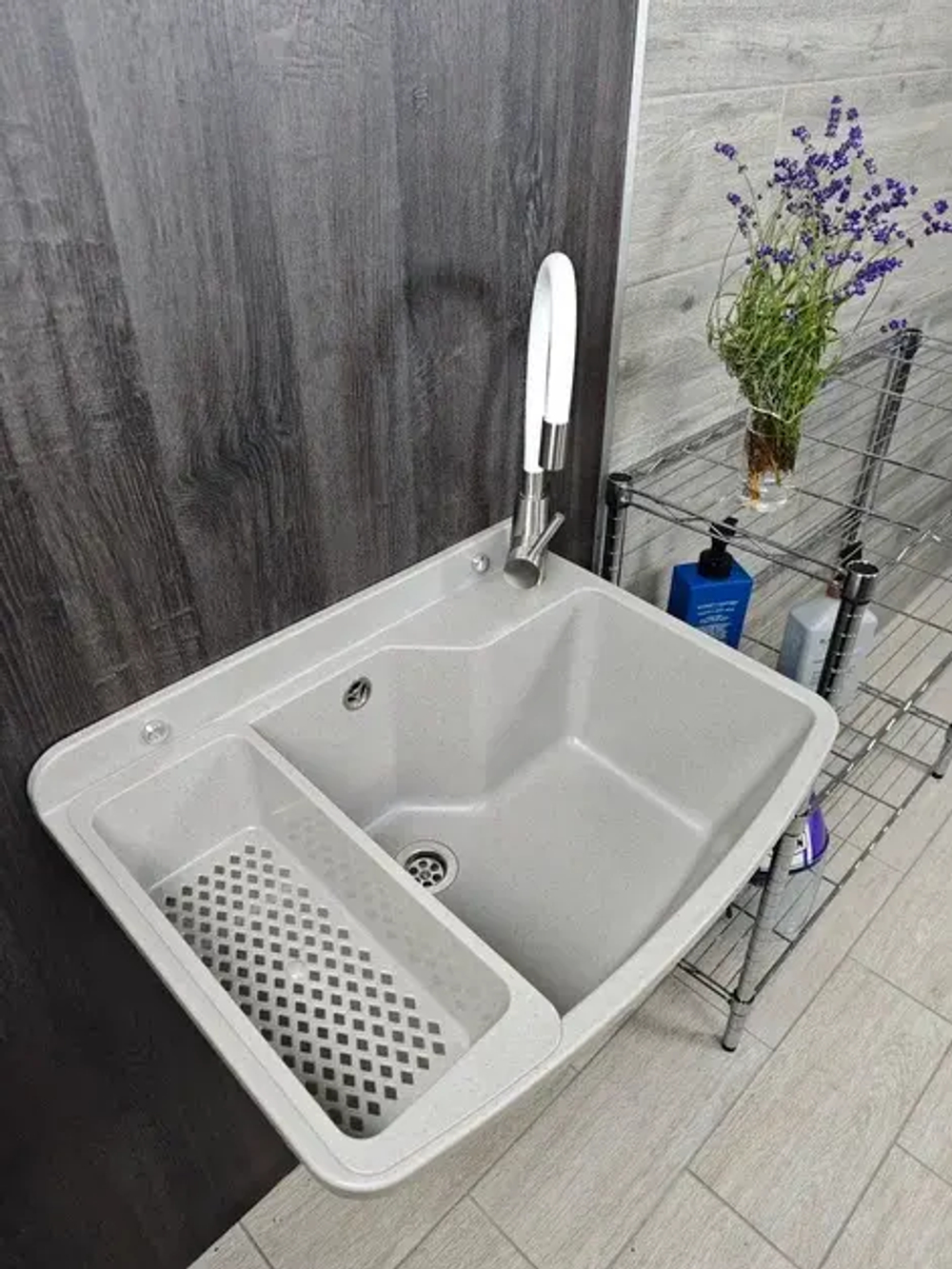 Пластиковая техническая раковина c каплесборником MAXIMUS GREY PLUS