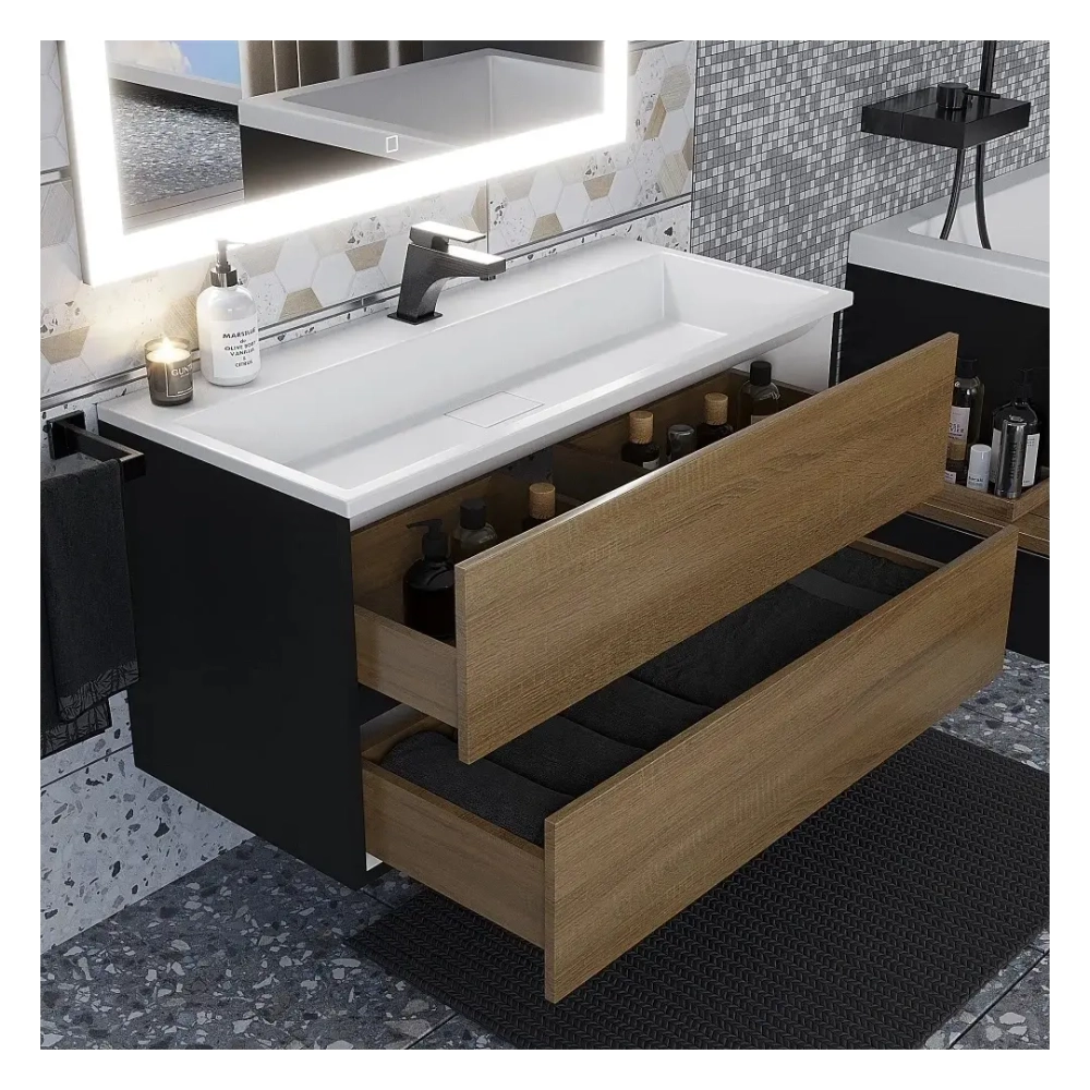 Тумба с раковиной Uperwood Barsa 100 см, раковина белая, подвесная тумба черная/дуб сонома