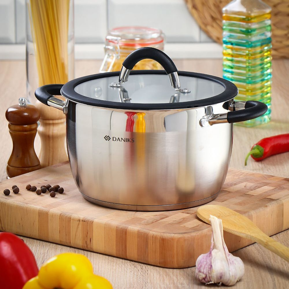 Кастрюля нерж, 4.9 л, с крыш, крышка стекло, кругл, Daniks, Орландо, GS-01435-22CA, индукц
