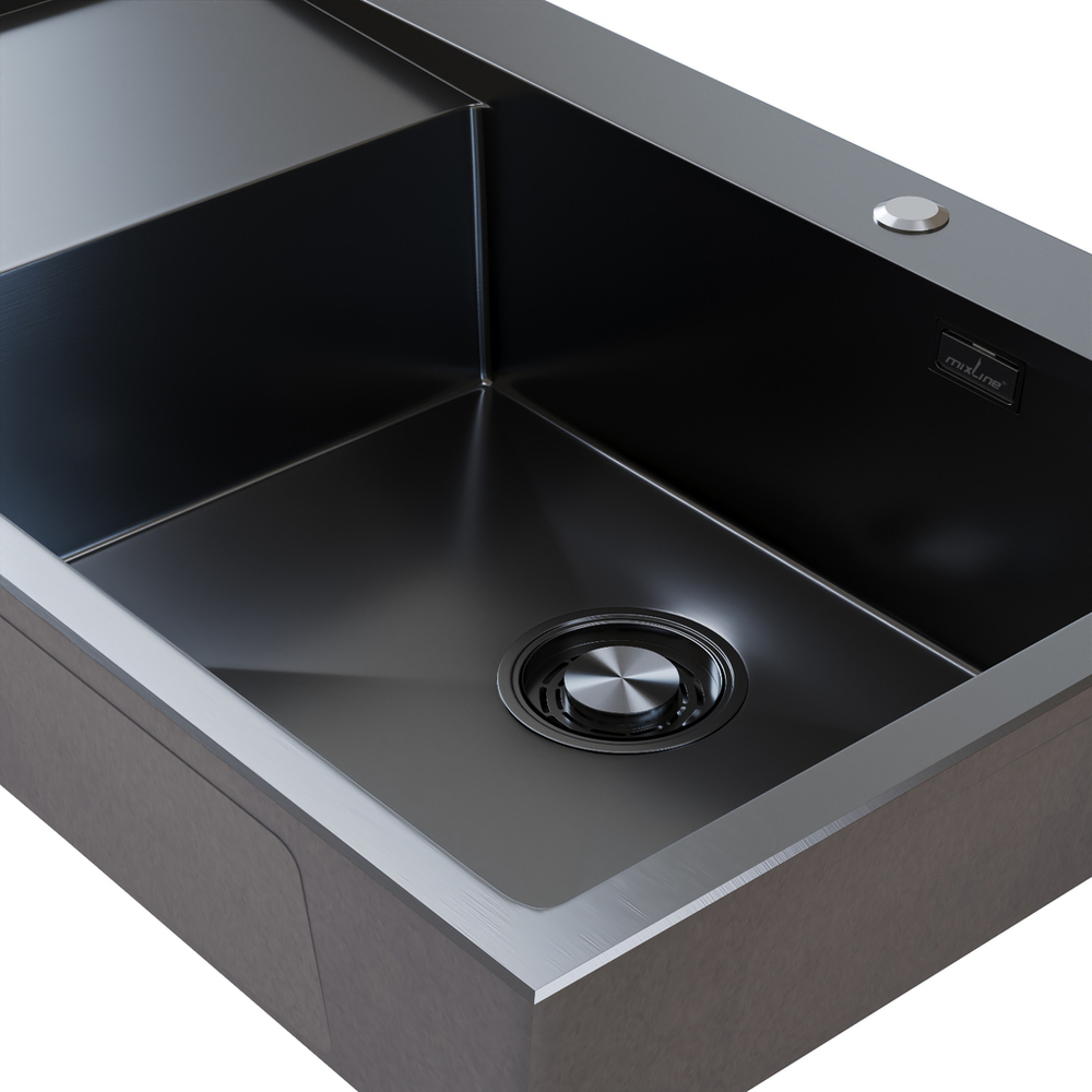 Мойка настол.монтаж 78х50 (3,0) прав. вып 3 1/2  MIXLINE PRO С ФАСКОЙ 20см с сифоном (черный графит)