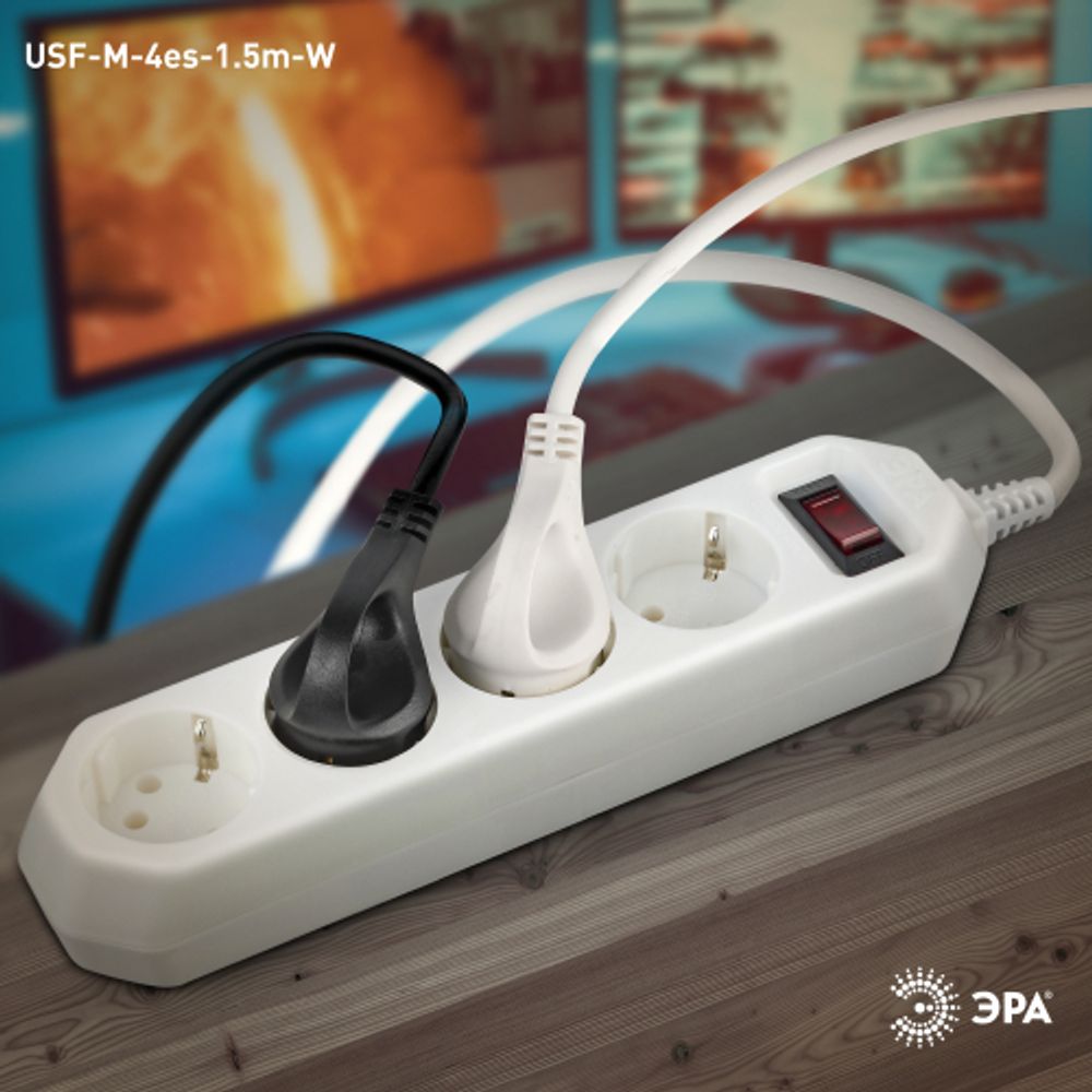 Сетевой фильтр ЭРА USF-M-4es-1.5m-W с защитой (термо) с заземлением с выключателем 4 розетки 1,5м 10А белый