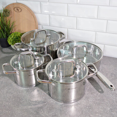 Набор кастрюль 4 предмета (2,1л, 2,9л, 5,1л, сковорода 3,1л) нерж, индукция, "Daniks" Рейн