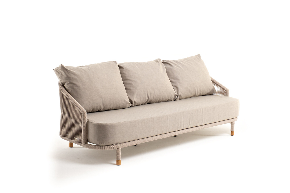 "Верона" диван 3-местный плетеный из роупа, каркас алюминий белый муар, роуп бежевый круглый, ткань бежевая 15052