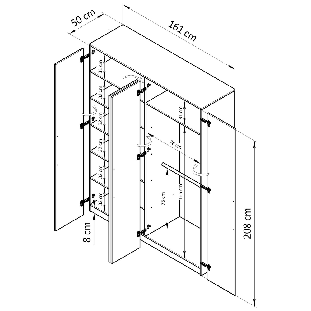 Шкаф распашной, 161х50х208, Дарни, с дубовыми ручками, четырехдверный, Dipriz