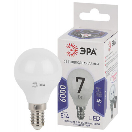 Лампочка светодиодная ЭРА STD LED P45-7W-860-E14 E14 / Е14 7Вт шар холодный дневной свет