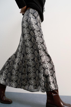 ZARA АТЛАСНАЯ ЮБКА МИДИ С АНИМАЛИСТИЧЕСКИМ ПРИНТОМ, ЗМЕИНЫЙ ПРИНТ
