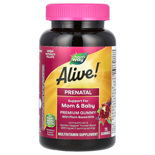 Nature's Way, Alive! Daily Support Premium Prenatal, витамины для беременных, клубника и лимон, 75 жевательных таблеток