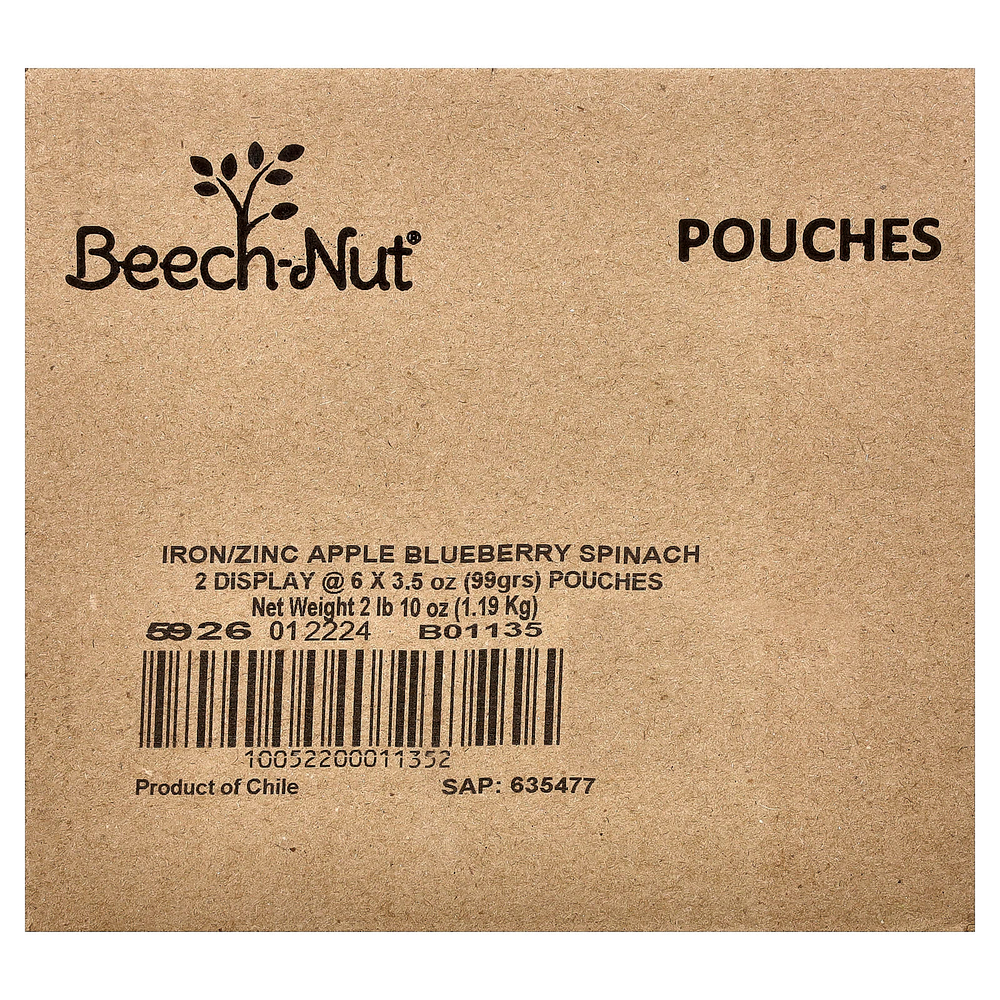 Beech-Nut, железо и цинк, для детей от 12 месяцев, яблоко, голубика и шпинат, 6 паучей по 99 г (3,5 унции)