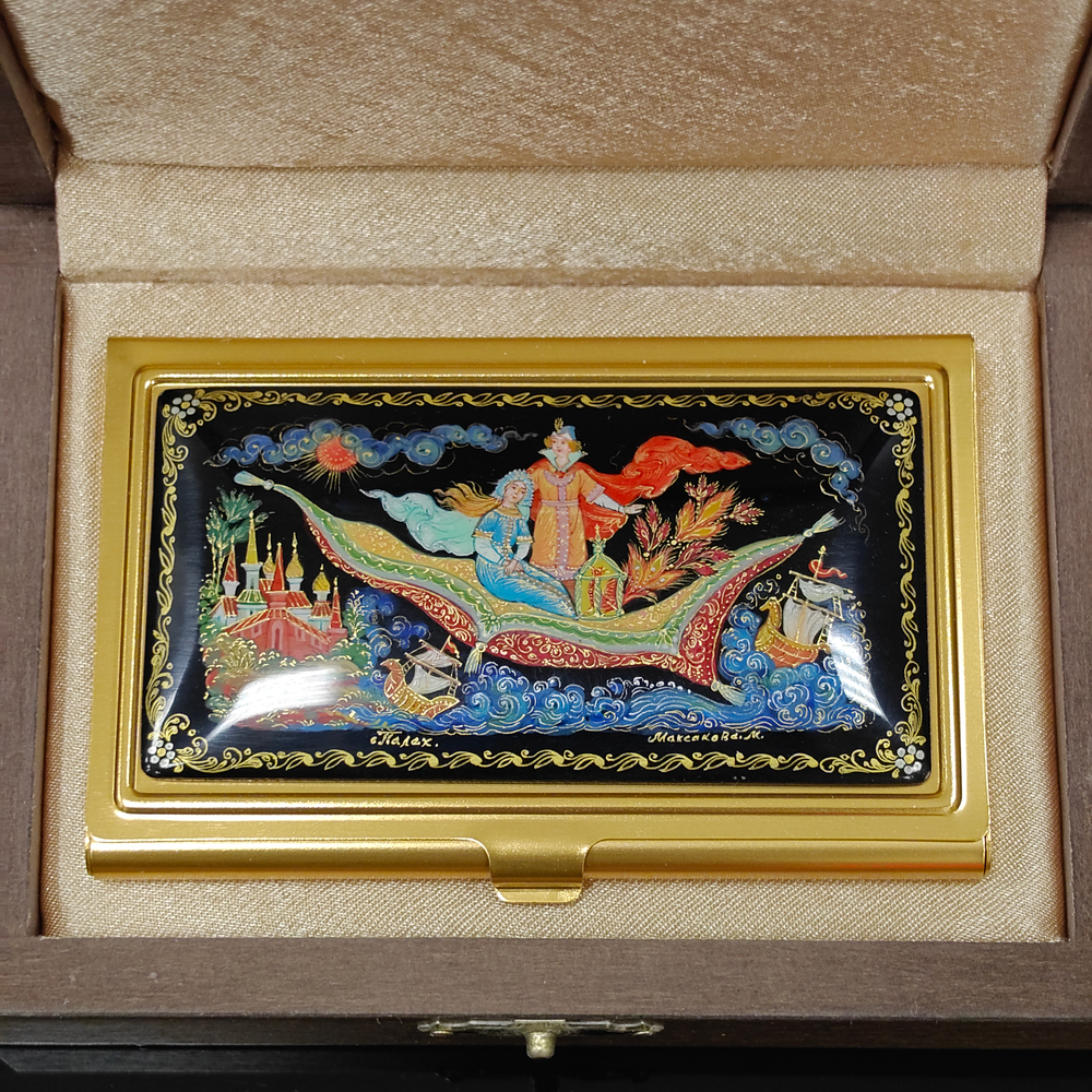 Коллекционная визитница персональная "Ковер-самолет" с ручной росписью Палех