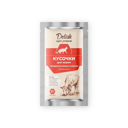 Консервы DELISH Super Premium для кошек, говядина/овощи/клюква, 80 гр