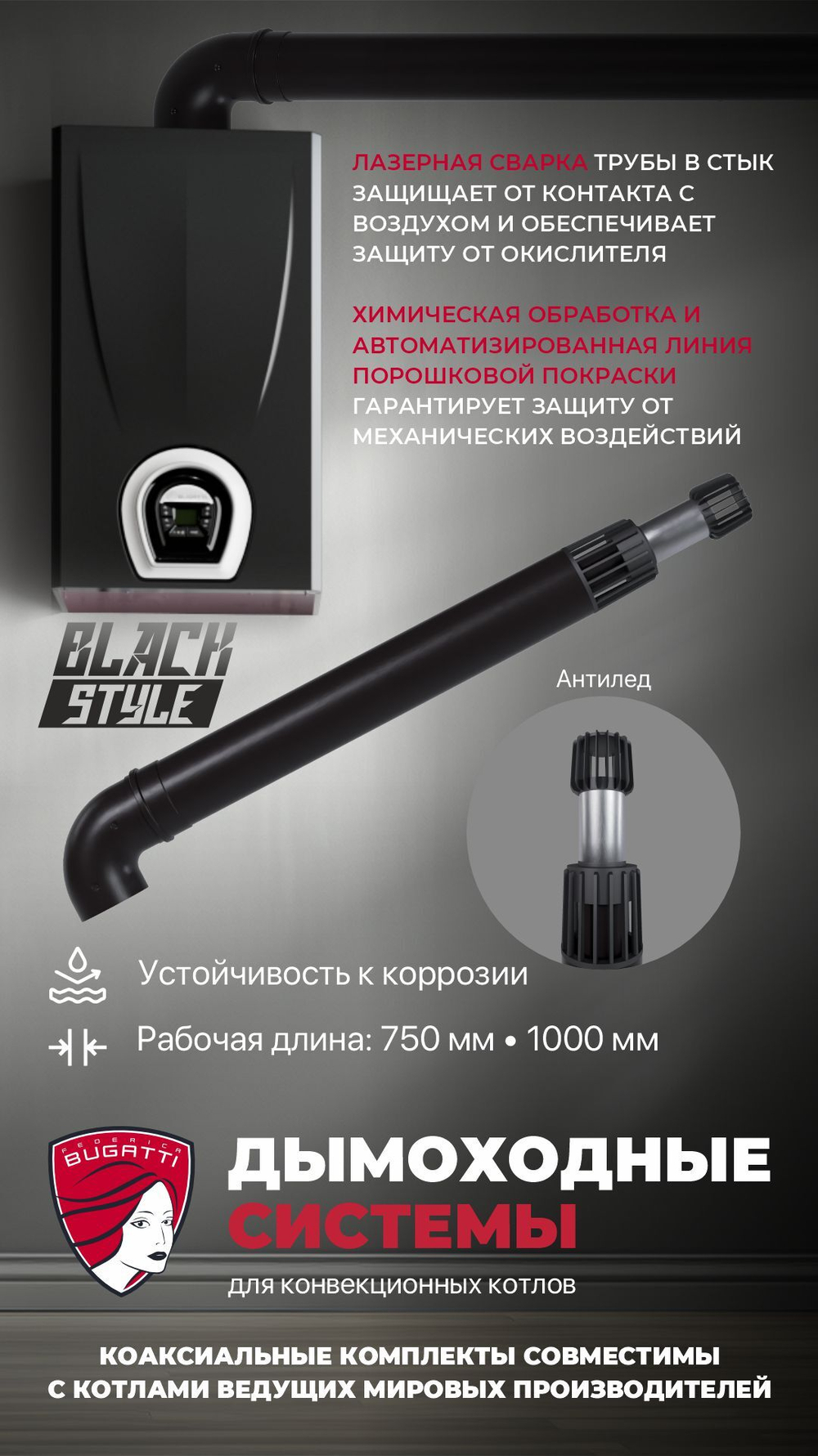 Комплект коаксиального дымохода 60/100 L1000 Federica Bugatti с антиобледенителем чёрный