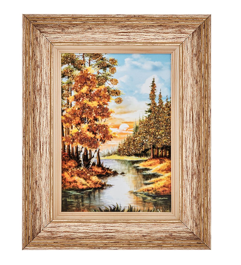 AMB-01/71 Картина «Закат на реке» (с янтарной крошкой) пласт.рамка 33х42см