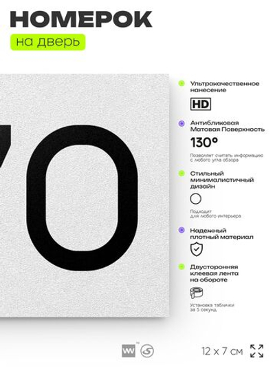 Номер на дверь 870, табличка на дверь для офиса, квартиры, кабинета, аудитории, склада, белая 120х70 мм, Айдентика Технолоджи