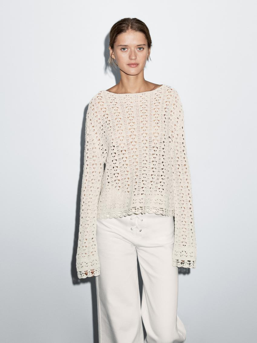 Massimo Dutti Свитер из кружева кроше с ажурным узором, натуральный, кремовый