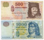 Банкноты Венгрия 500 и 1000 форинтов 2011 год. VF