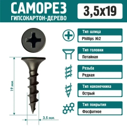 Саморез Rizzel 3,5х19 по дереву фосфатированный (500 шт)
