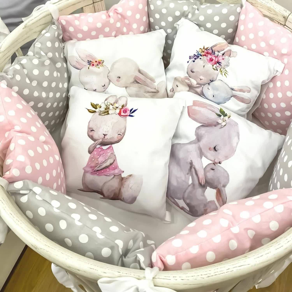 Комплект в кроватку 18 предметов "Семейные кролики", серый сатин
