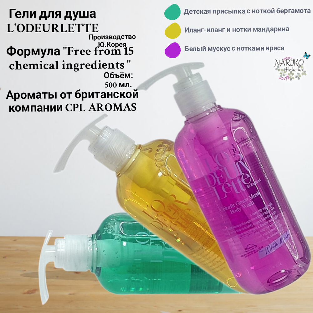 Парфюмированный гель для душа c ароматом бергамота и детской присыпки L'ODEURLETTE In England Colorfit Body Wash Powdery Breeze, 500 мл.