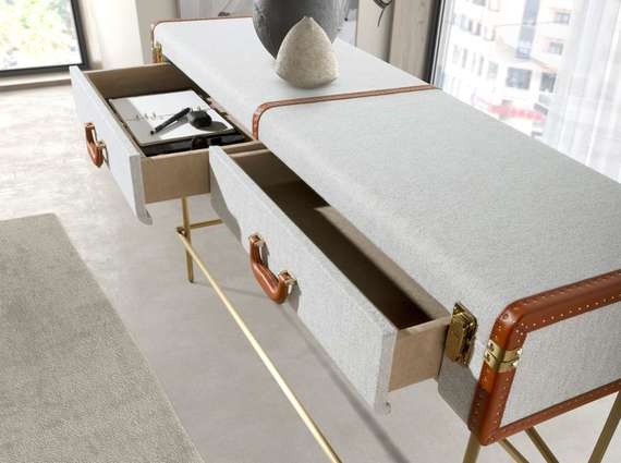 Консольный стол 3271 из шпона ореха и светло-серой ткани