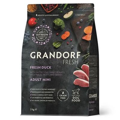 Беззерновой корм с живыми пробиотиками GRANDORF Fresh Dog Adult MINI Duck & Sweet Potato для собак мелких пород с уткой и бататом, Пакет 3 кг
