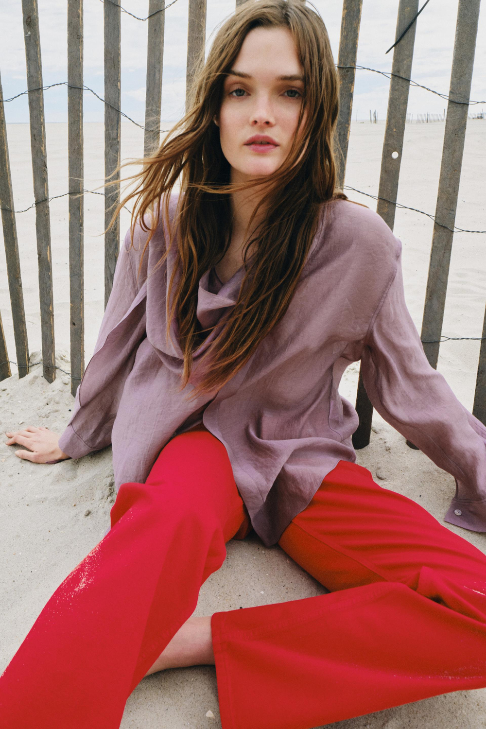 ZARA РУБАШКА С ШАРФОМ ZW COLLECTION, СИРЕНЕВЫЙ