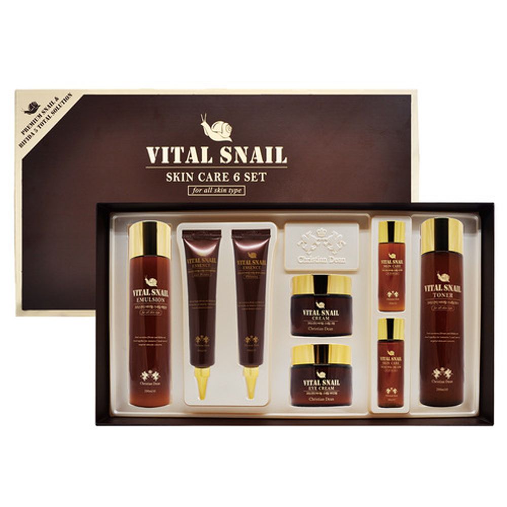 Набор для ухода за лицом Anjo Professional / Christian Dean Vital Snail Skin Care 6 set с муцином улитки (тонер, эссенция осветляющая, эссенция против морщин, крем для лица, крем для век, эмульсия)