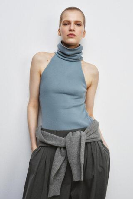 ZARA ТОП С ВЫСОКИМ ВОРОТНИКОМ БЕЗ РУКАВОВ, ГОЛУБОЙ