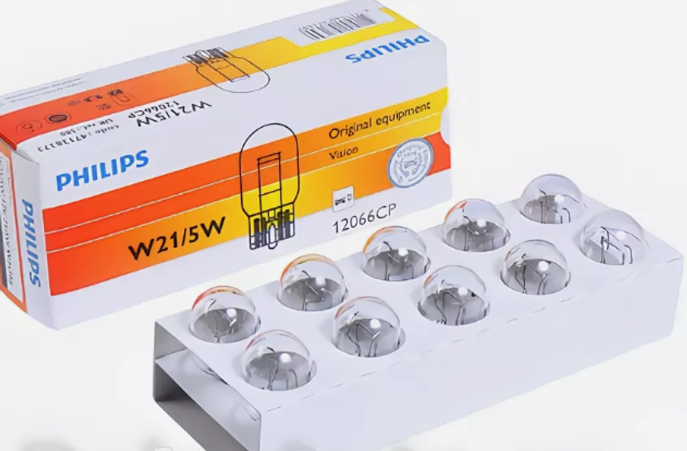 Автолампа  W 12-W21/5W (без цок) 2конт (W3x16d) БЕЛАЯ PHILIPS (уп10шт) #12066CP ORIGINAL