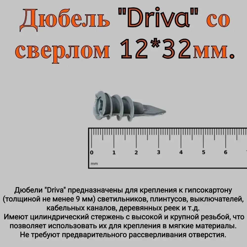 Набор ДЮБЕЛЬ+САМОРЕЗ (Дюбель "Driva" 12*32 со сверлом-20шт., Саморез универсальный 3,5*50-20шт.)