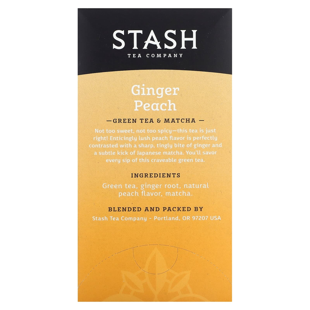 Stash Tea, Зеленый чай и матча, имбирь и персик, 18 чайных пакетиков, 36 г (1,2 унции)