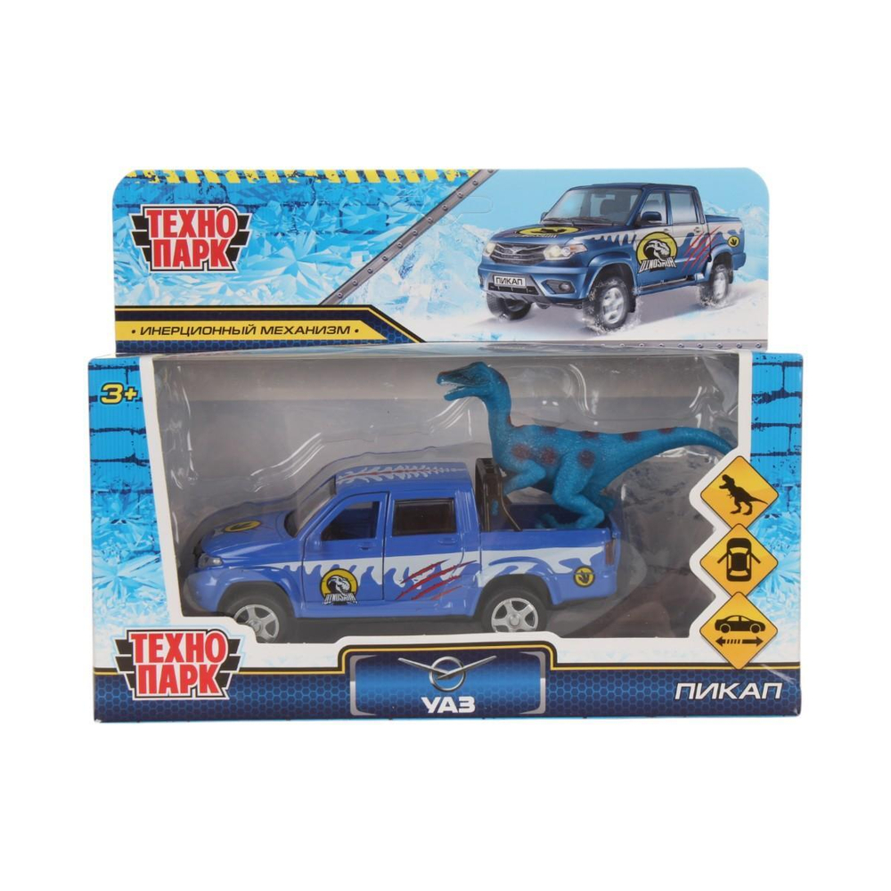 Модель ин. мет. "УАЗ Pickup снежный" 12см.двери, багаж, динозавр, коробка PICKUP-12SNOW-DINO (Технопарк)