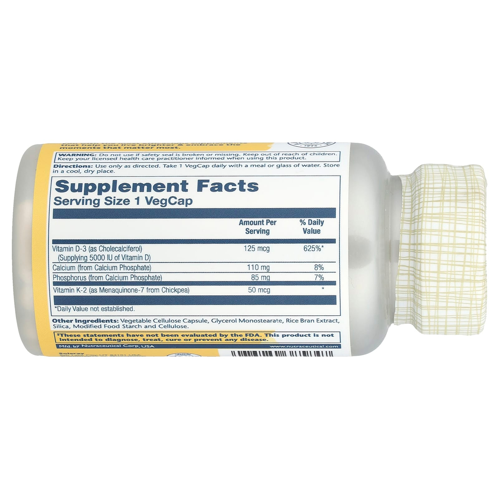 Solaray, витамины D3 и K2, без сои, 60 растительных капсул