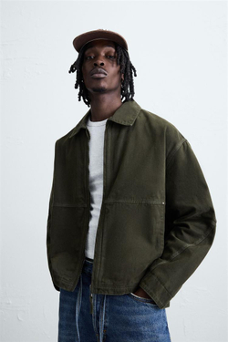 ZARA КУРТКА С ЭФФЕКТОМ ПОТЕРТОСТИ СВОБОДНОГО КРОЯ, ТЕМНЫЙ ХАКИ