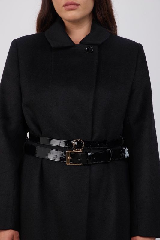 Пальто однобортное с акцентными ремнями, черный