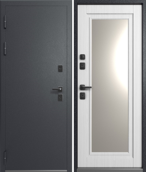 Входная дверь Мегатрон TERMO-2 ЗЕРКАЛО Графит муар - Белое дерево