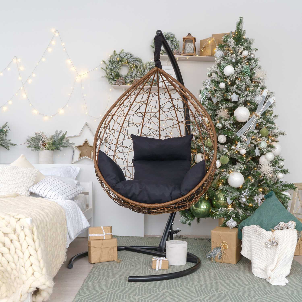 Подвесное кресло-кокон SEVILLA горячий шоколад, темно-синяя подушка (Laura Outdoor)