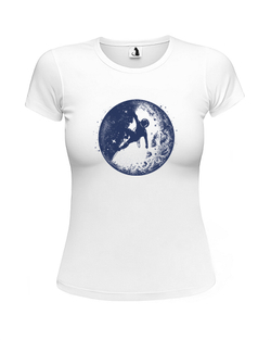 Футболка Космонавт на Луне женская приталенная белая с синим рисунком