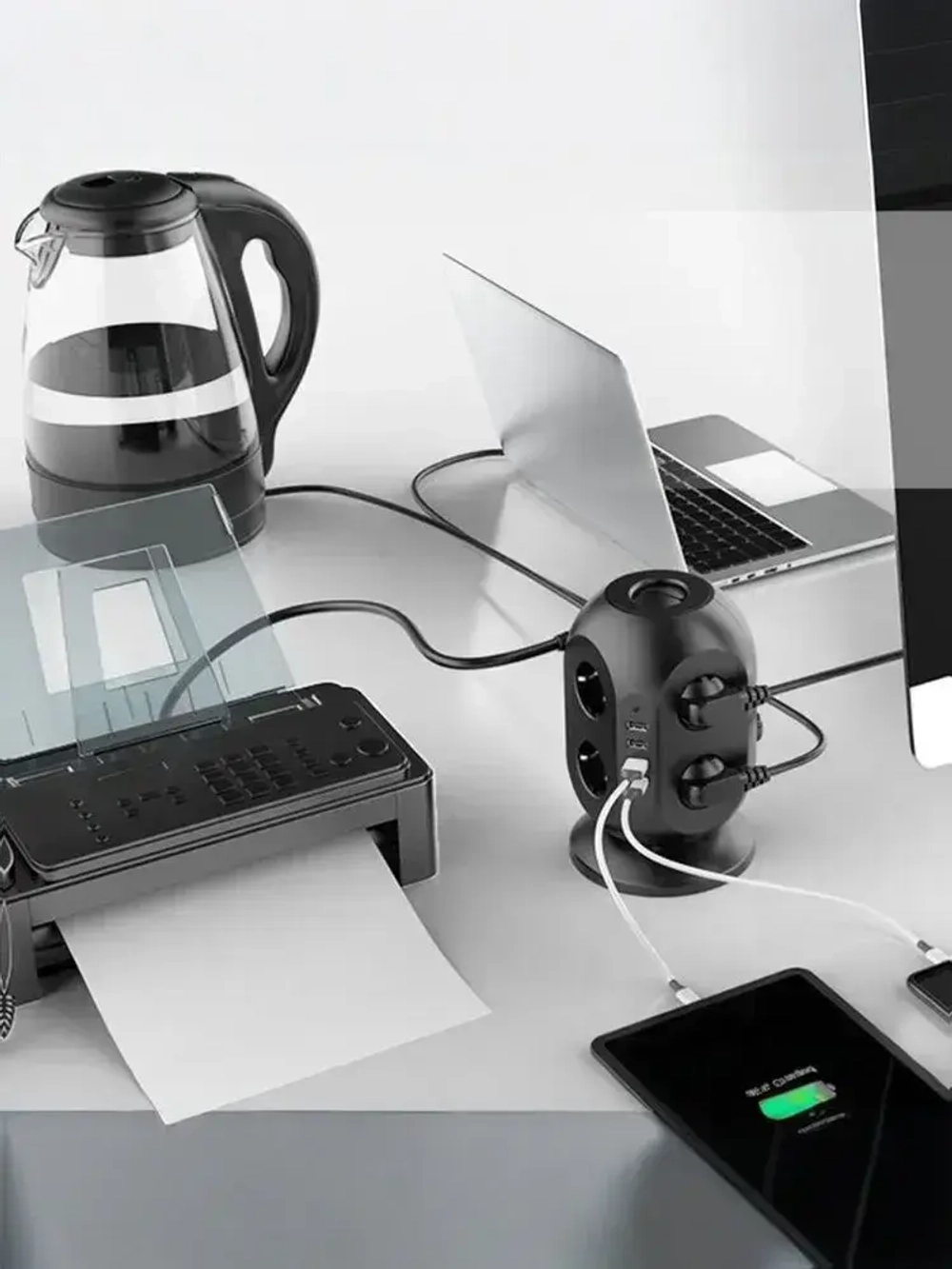 Сетевой фильтр Башня, 8 розеток с предохранителем, 3 USB и 1 Type-C умная зарядка, кабель 3м, заземление