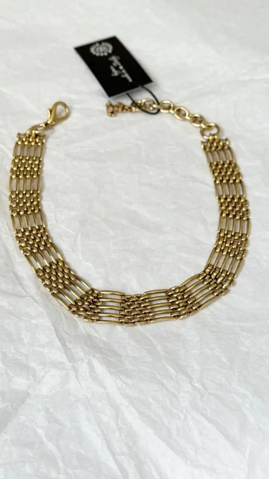 Колье плоская цепь в винтажном стиле, оттенок золото антик